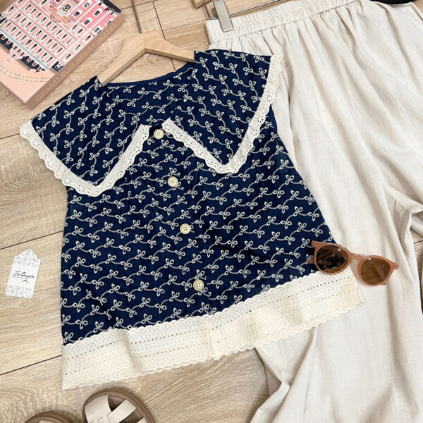 Áo Sơ Mi Cổ Tròn Nút Dọc Phối Ren Sát Nách - Thiết Kế Thanh Lịch, Chất Liệu Thô Thoáng Mát - Ảnh 2