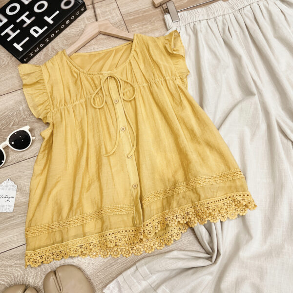 Áo Sơ Mi Nữ Cổ Tròn Nút Dọc Cột Nơ Viền Ren Tay Cánh Tiên Có Lót - Ảnh 4