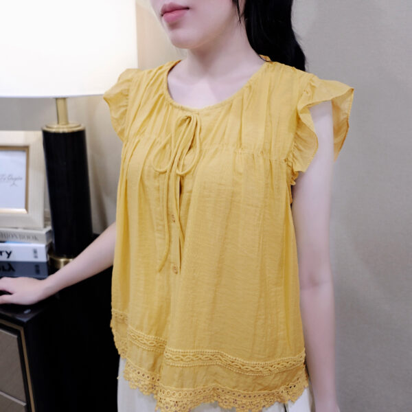 Áo Sơ Mi Nữ Cổ Tròn Nút Dọc Cột Nơ Viền Ren Tay Cánh Tiên Có Lót - Ảnh 8