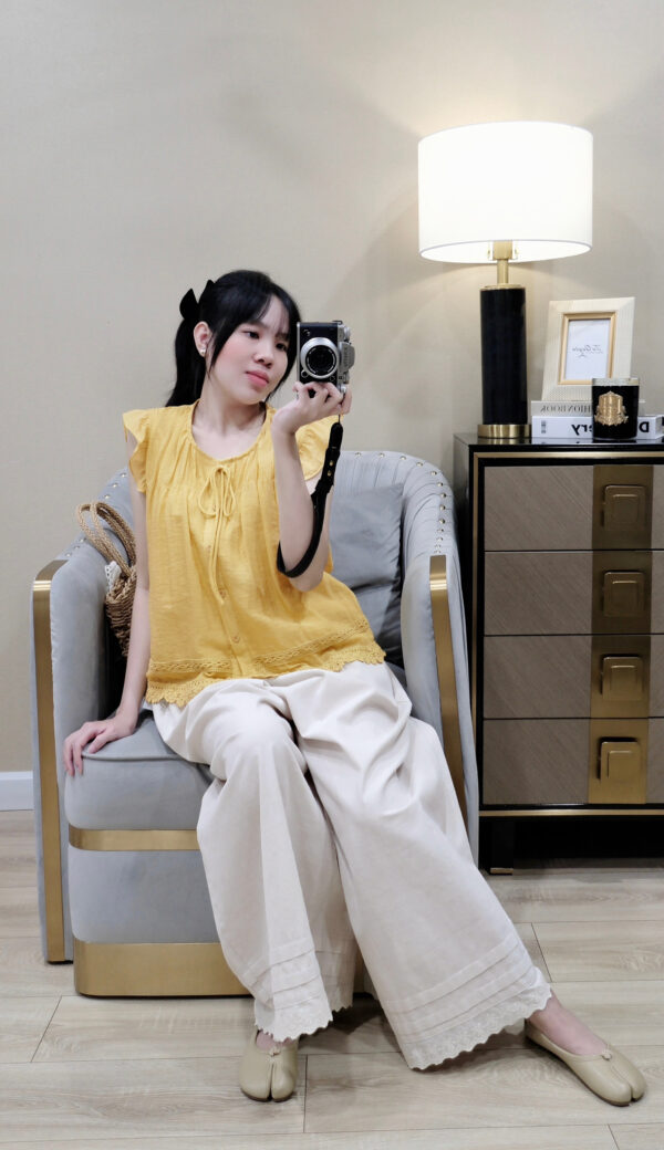 Áo Sơ Mi Nữ Cổ Tròn Nút Dọc Cột Nơ Viền Ren Tay Cánh Tiên Có Lót - Ảnh 6