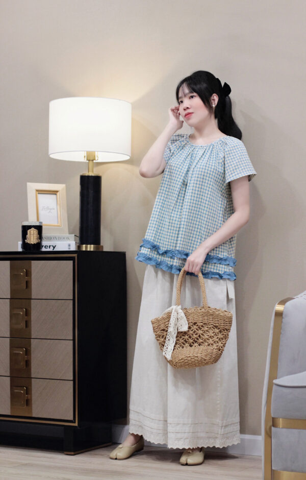 Áo Sơ Mi Nữ Kiểu Caro Cổ Tròn Viền Bèo Tay Cánh Tiên Chất Thô Thoáng Mát - Ảnh 8
