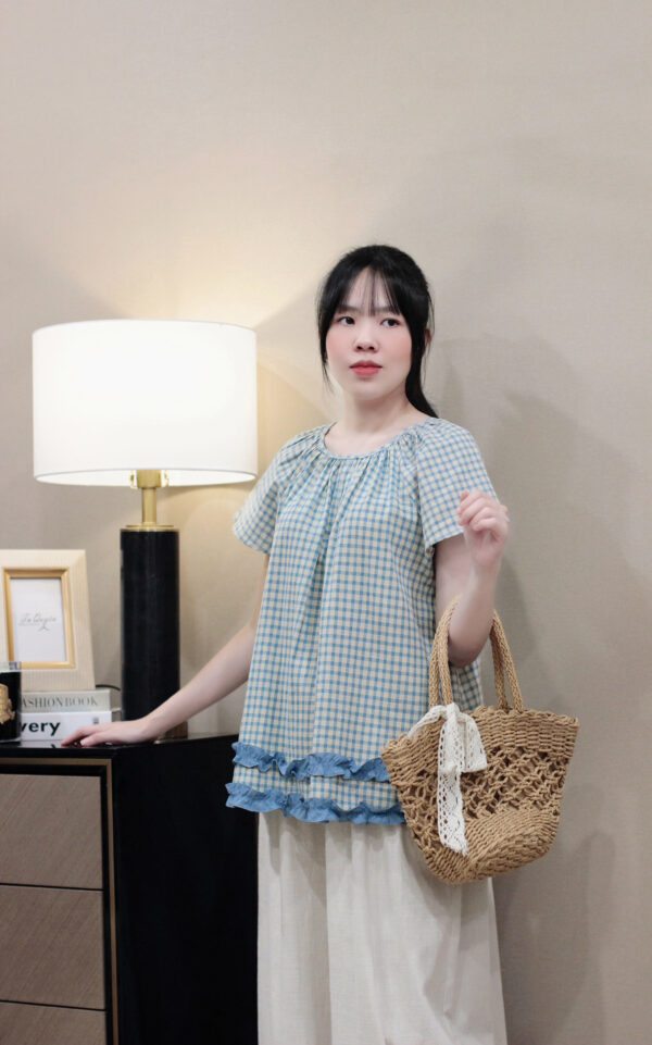 Áo Sơ Mi Nữ Kiểu Caro Cổ Tròn Viền Bèo Tay Cánh Tiên Chất Thô Thoáng Mát - Ảnh 7