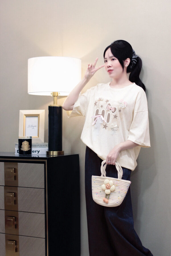 Áo Thun Nữ Cổ Tròn Thêu Chấm Bi Hình Sao Đính Nơ Tay Ngắn Phong Cách Đi Chơi - Ảnh 3