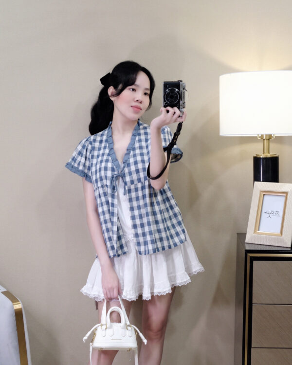 Áo Sơ Mi Nữ Cổ V Caro Giả Set Tay Ngắn Chất Thô Thoáng Mát - Phong Cách Đi Chơi, Du Lịch - Ảnh 12