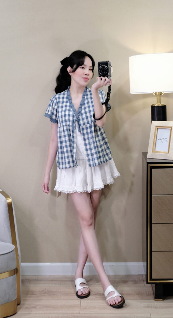 Áo Sơ Mi Nữ Cổ V Caro Giả Set Tay Ngắn Chất Thô Thoáng Mát - Phong Cách Đi Chơi, Du Lịch - Ảnh 13