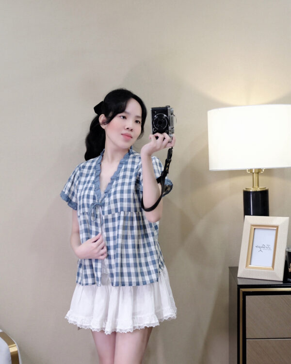 Áo Sơ Mi Nữ Cổ V Caro Giả Set Tay Ngắn Chất Thô Thoáng Mát - Phong Cách Đi Chơi, Du Lịch - Ảnh 11