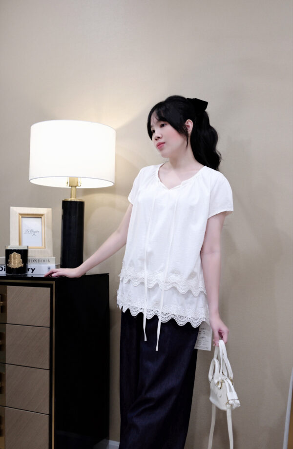 Áo sơ mi nữ cổ tròn cột nơ phối ren tầng tay ngắn thời trang - Ảnh 6