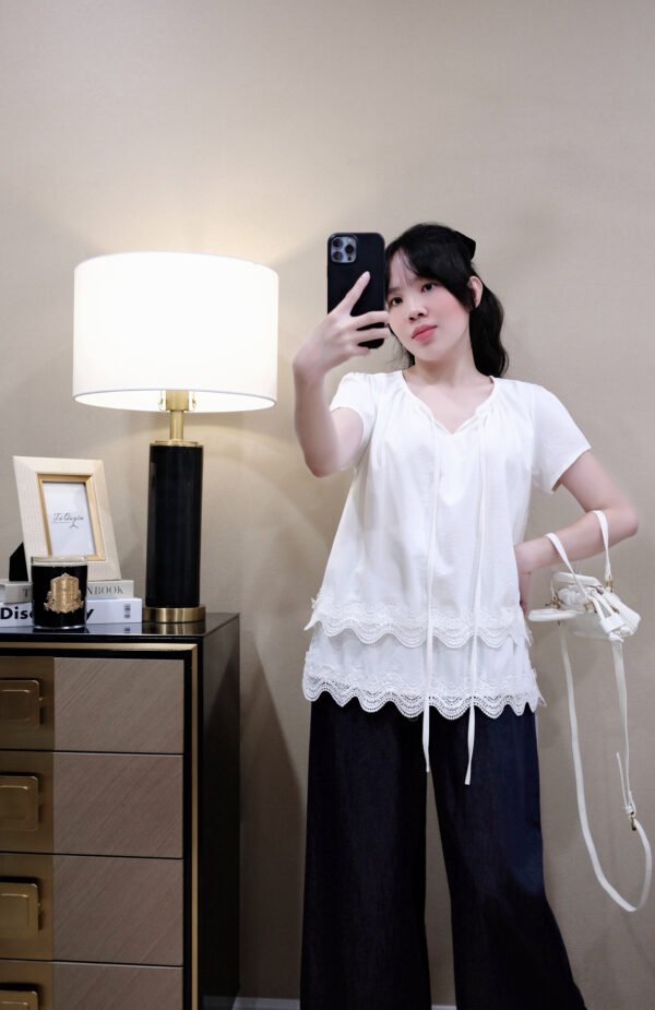Áo sơ mi nữ cổ tròn cột nơ phối ren tầng tay ngắn thời trang - Ảnh 5