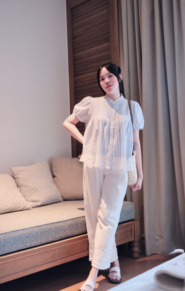 "Áo Sơ Mi Sọc Cổ Cao Phối Ren Nút Dọc Tay Ngắn Bo - Thô, Đi Chơi, Đi Làm" - Ảnh 8
