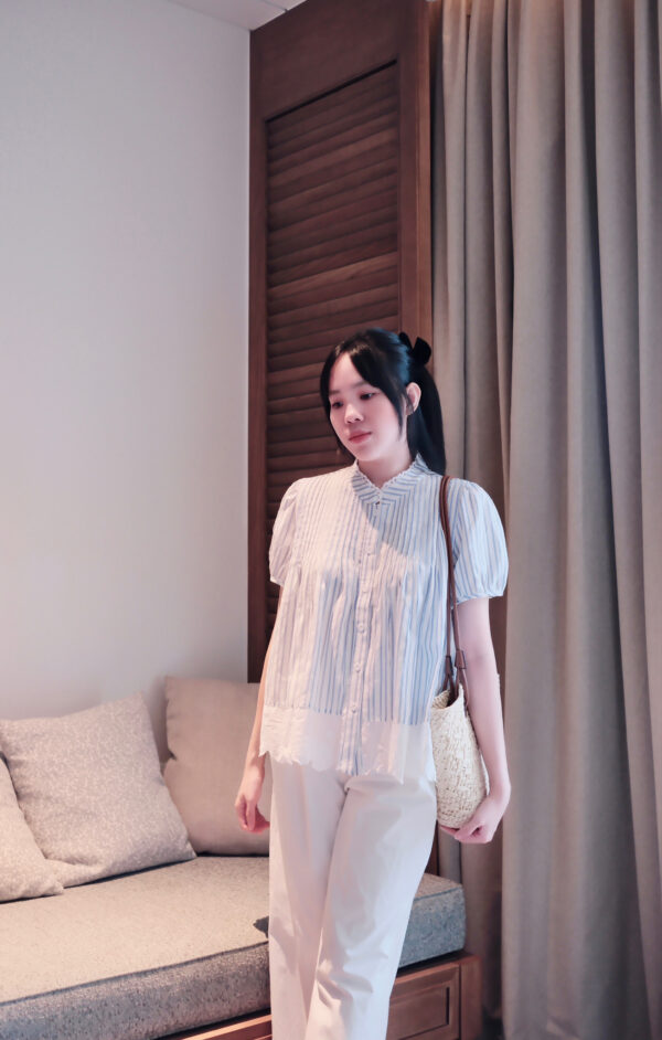 "Áo Sơ Mi Sọc Cổ Cao Phối Ren Nút Dọc Tay Ngắn Bo - Thô, Đi Chơi, Đi Làm" - Ảnh 6