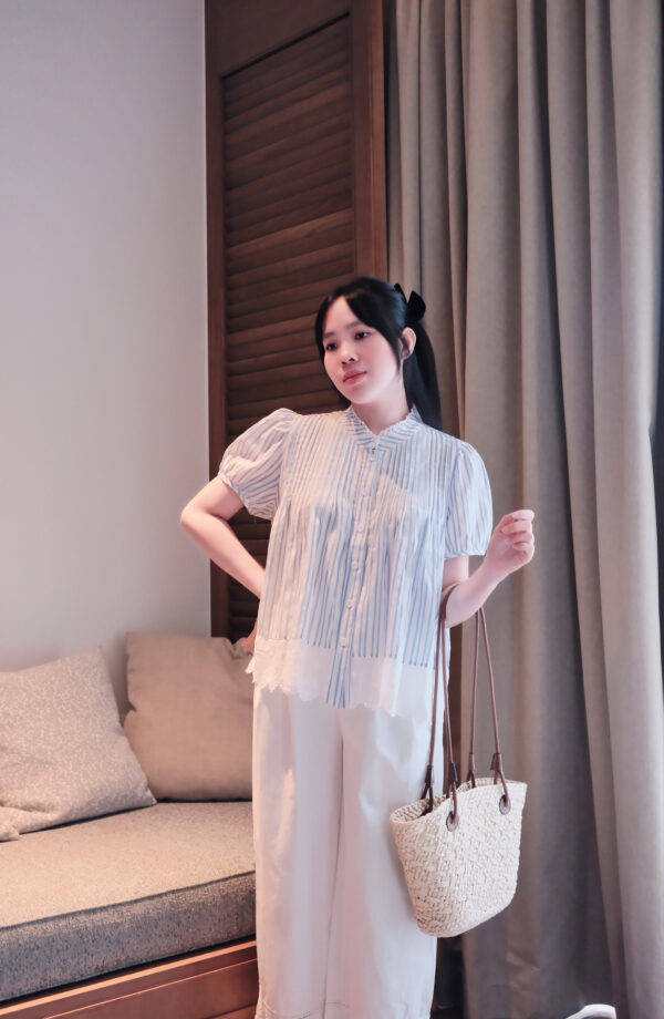 "Áo Sơ Mi Sọc Cổ Cao Phối Ren Nút Dọc Tay Ngắn Bo - Thô, Đi Chơi, Đi Làm" - Ảnh 7