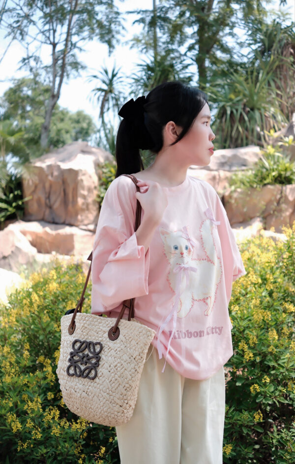 Áo Thun Nữ Cổ Tròn In Hình Mèo Nơ Tay Ngắn Oversize Phong Cách Hàn Quốc - Ảnh 5