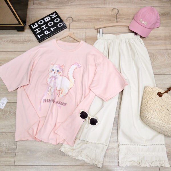 Áo Thun Nữ Cổ Tròn In Hình Mèo Nơ Tay Ngắn Oversize Phong Cách Hàn Quốc - Ảnh 2