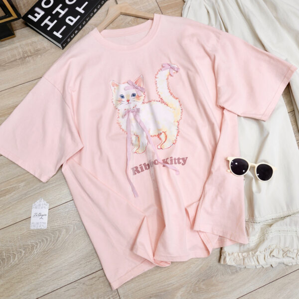 Áo Thun Nữ Cổ Tròn In Hình Mèo Nơ Tay Ngắn Oversize Phong Cách Hàn Quốc - Ảnh 4
