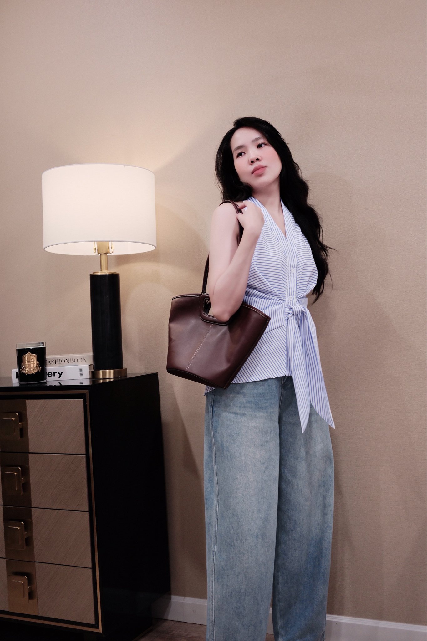 Áo Cổ Yếm Kẻ Sọc Cài Nút Chun Lưng Phong Cách Thời Trang Nữ Đi Chơi - Ảnh 4