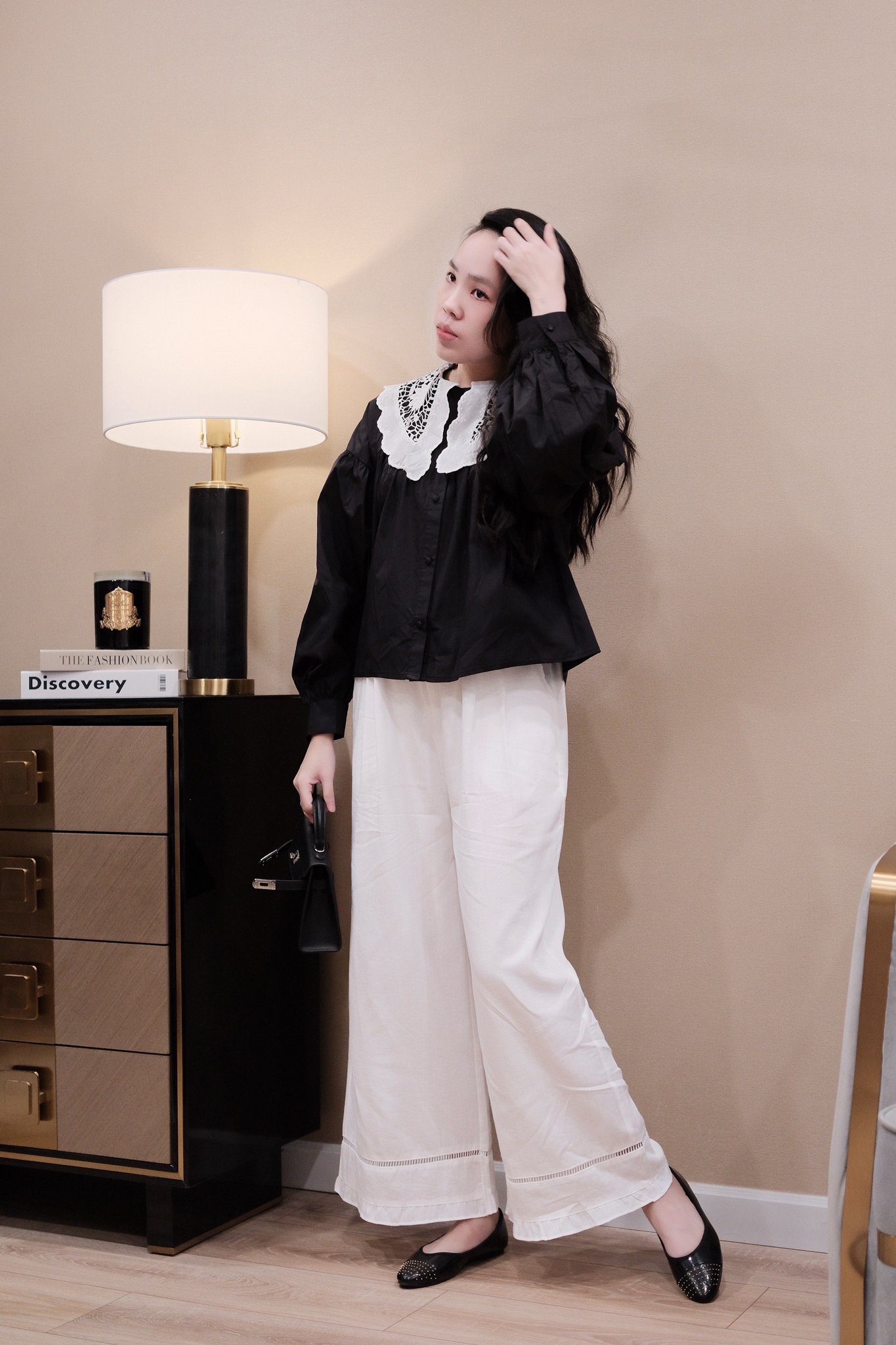 "Áo Sơ Mi Cổ Thủy Thủ Hoa Pha Màu Tay Dài Phồng - Thô, Rộng, Đi Chơi, Du Lịch, Đi Làm" - Ảnh 5