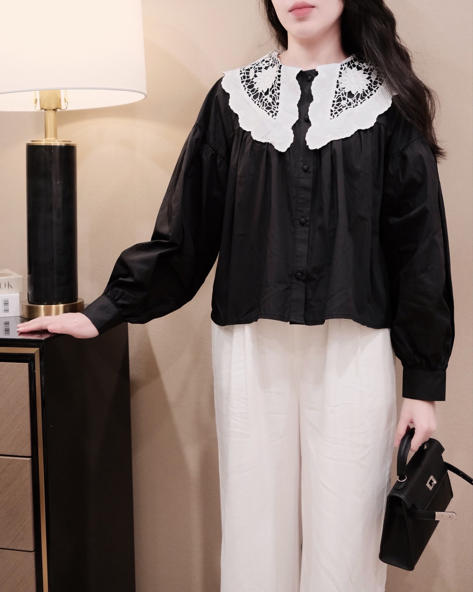 "Áo Sơ Mi Cổ Thủy Thủ Hoa Pha Màu Tay Dài Phồng - Thô, Rộng, Đi Chơi, Du Lịch, Đi Làm" - Ảnh 3