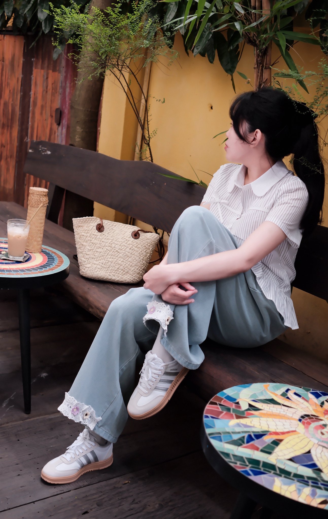 Áo Sơ Mi Cổ Sen Kẻ Sọc Cài Nút Dọc Đính Nơ Tay Ngắn - Ảnh 7