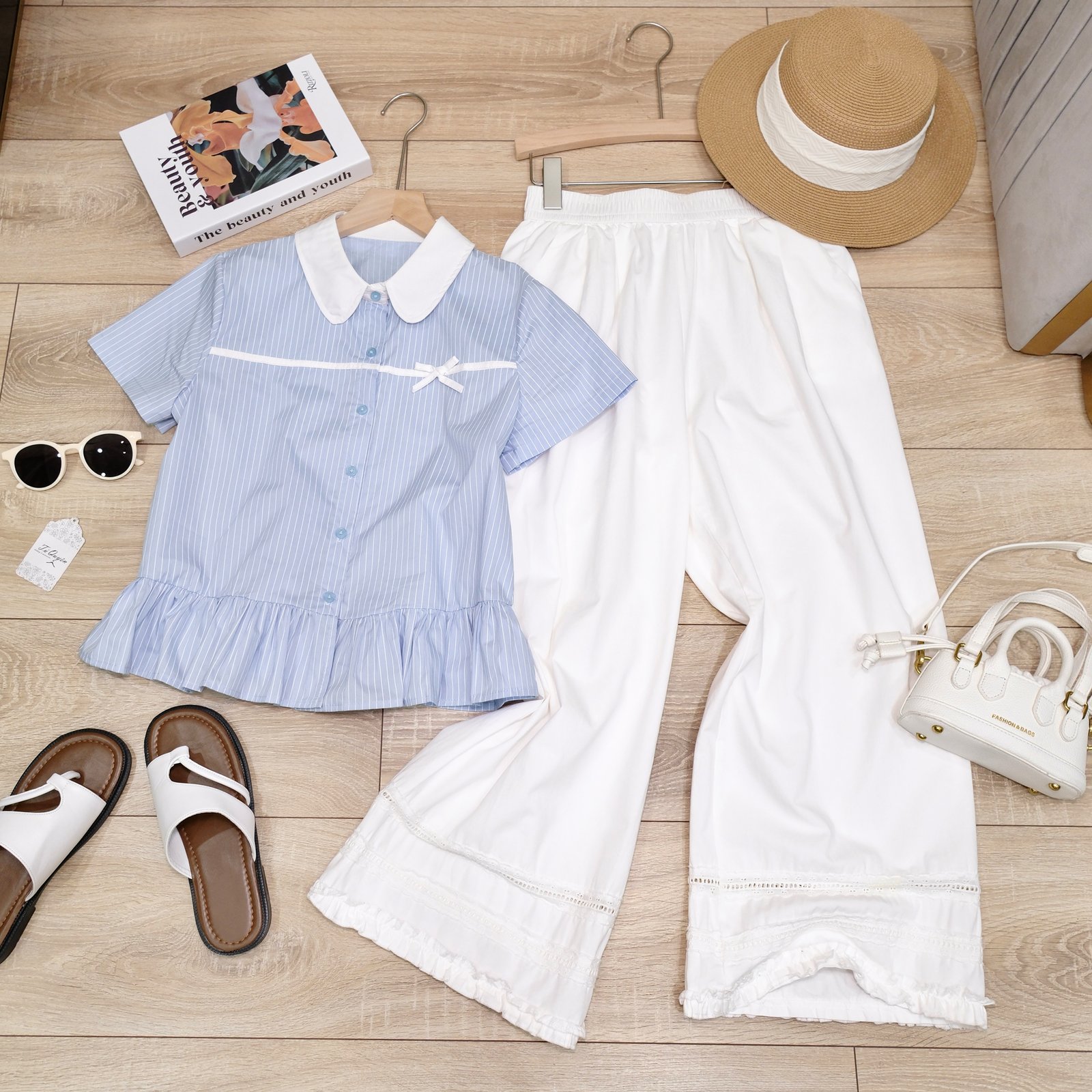 Áo Sơ Mi Cổ Sen Kẻ Sọc Cài Nút Dọc Đính Nơ Tay Ngắn - Ảnh 12