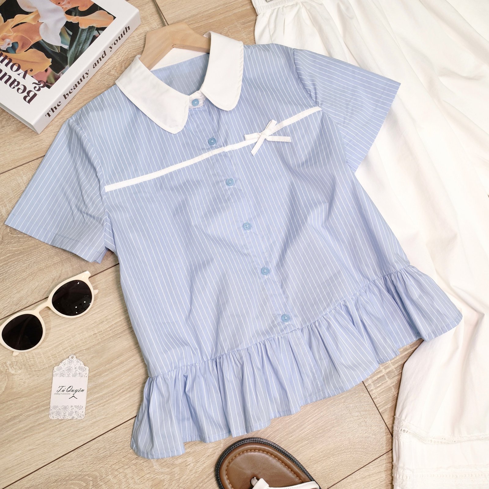 Áo Sơ Mi Cổ Sen Kẻ Sọc Cài Nút Dọc Đính Nơ Tay Ngắn - Ảnh 11