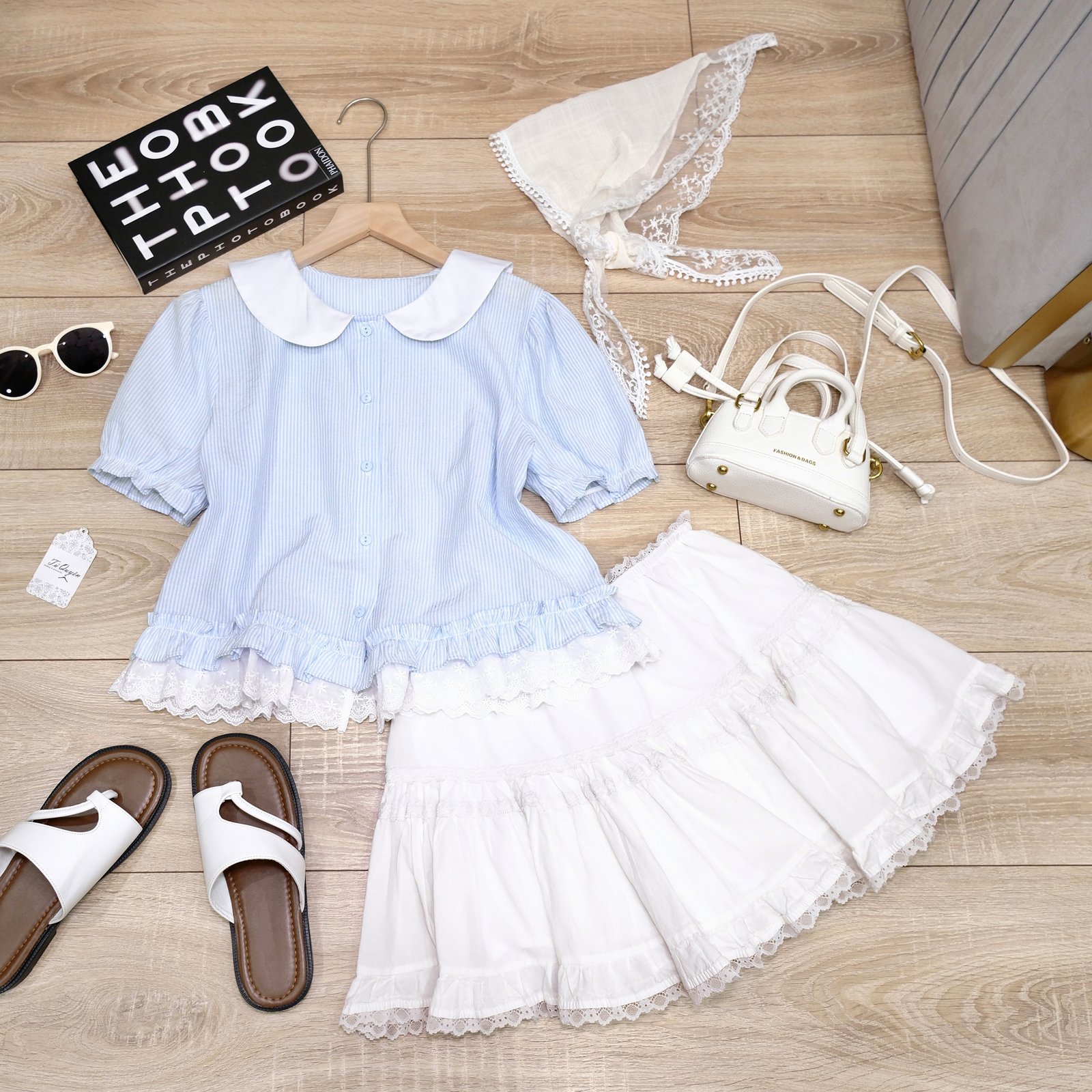 Áo Sơ Mi Kẻ Sọc Cổ Sen Nút Dọc Tay Ngắn Bo Chun - Ảnh 6