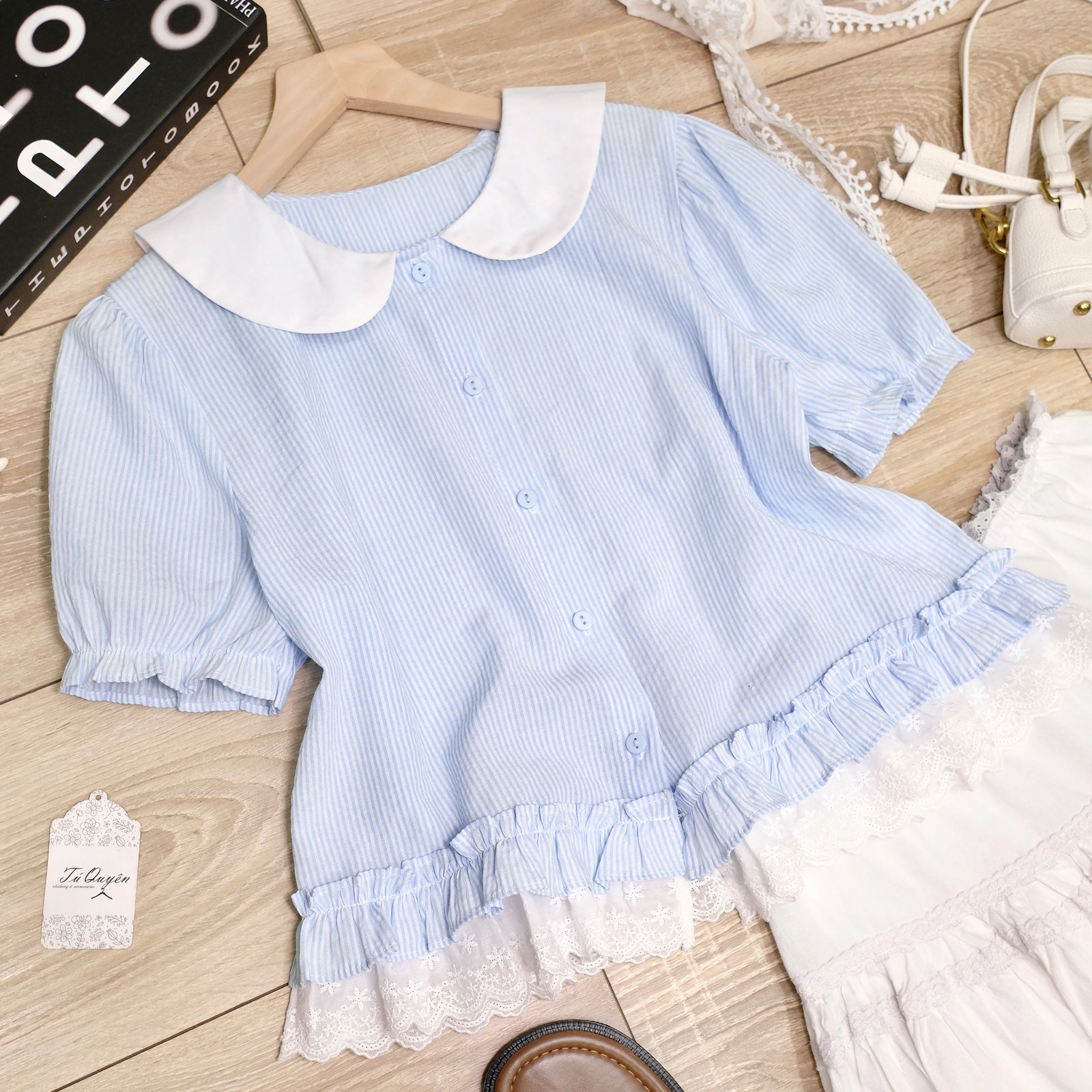 Áo Sơ Mi Kẻ Sọc Cổ Sen Nút Dọc Tay Ngắn Bo Chun - Ảnh 8