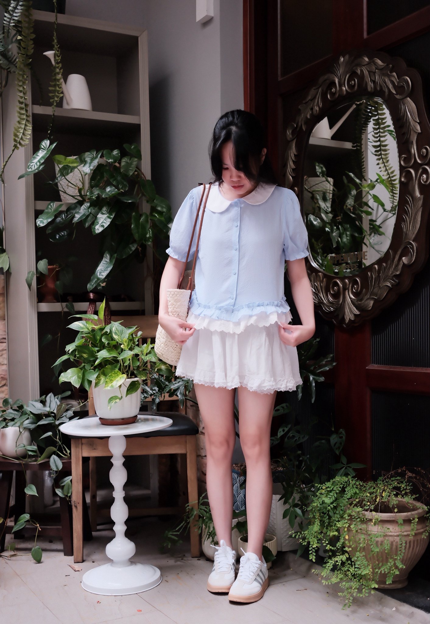 Áo Sơ Mi Kẻ Sọc Cổ Sen Nút Dọc Tay Ngắn Bo Chun - Ảnh 5