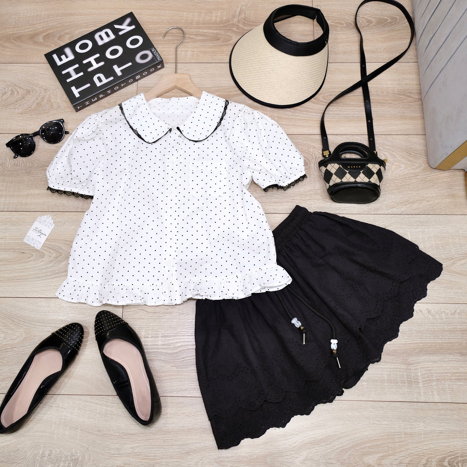 Áo sơ mi chấm bi cổ sen viền ren, tay ngắn bo chun - Thanh lịch, duyên dáng - Ảnh 5