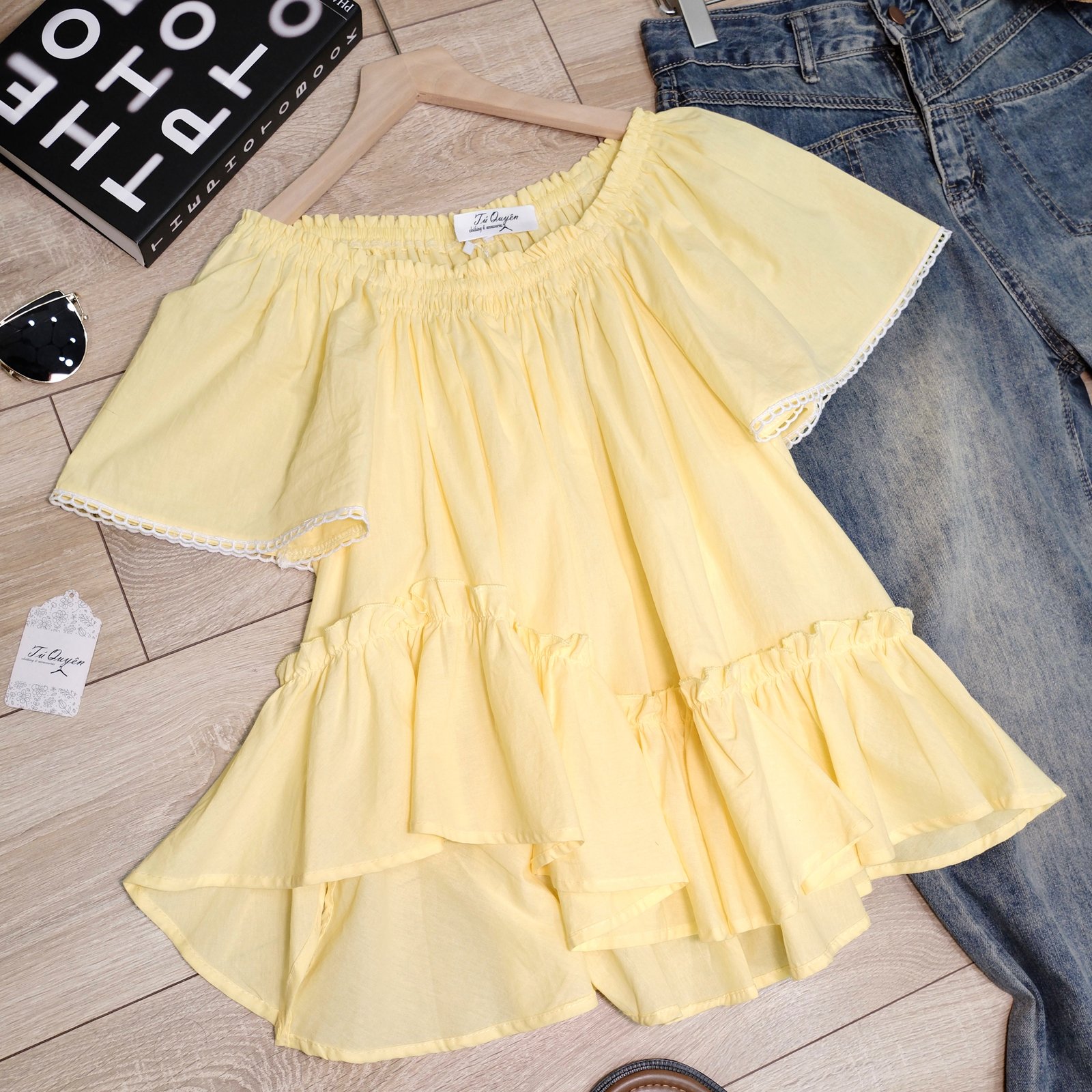 Áo Sơ Mi Cổ Vuông Bo Chun Tay Ngắn Viền Ren Chất Thô Dáng Rộng - Thanh Lịch, Đi Chơi, Đi Làm - Ảnh 8