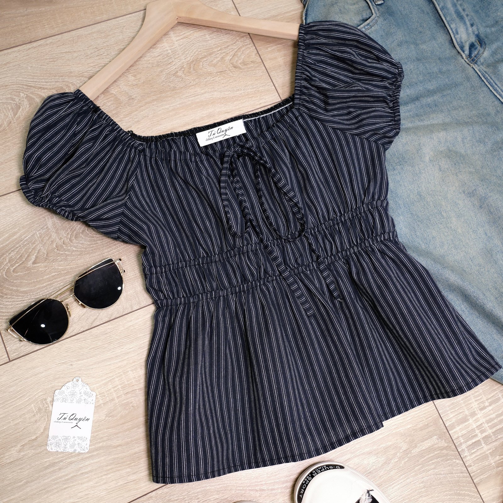 Áo Sơ Mi Cổ Vuông Rút Dây Kẻ Sọc Eo Chun Tay Ngắn Bo Chun - Ảnh 6