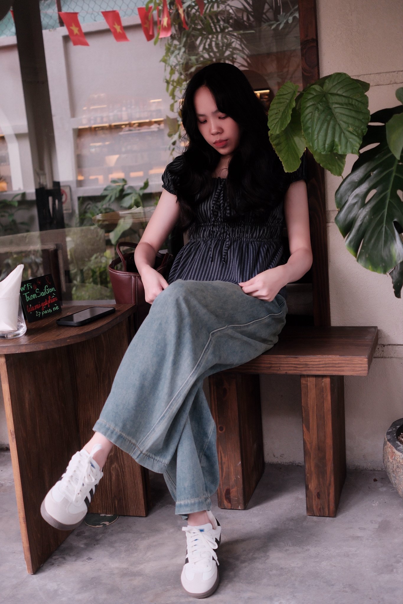 Áo Sơ Mi Cổ Vuông Rút Dây Kẻ Sọc Eo Chun Tay Ngắn Bo Chun - Ảnh 2