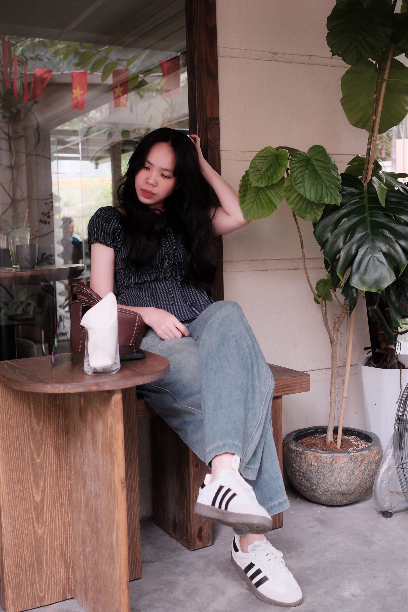 Áo Sơ Mi Cổ Vuông Rút Dây Kẻ Sọc Eo Chun Tay Ngắn Bo Chun - Ảnh 3