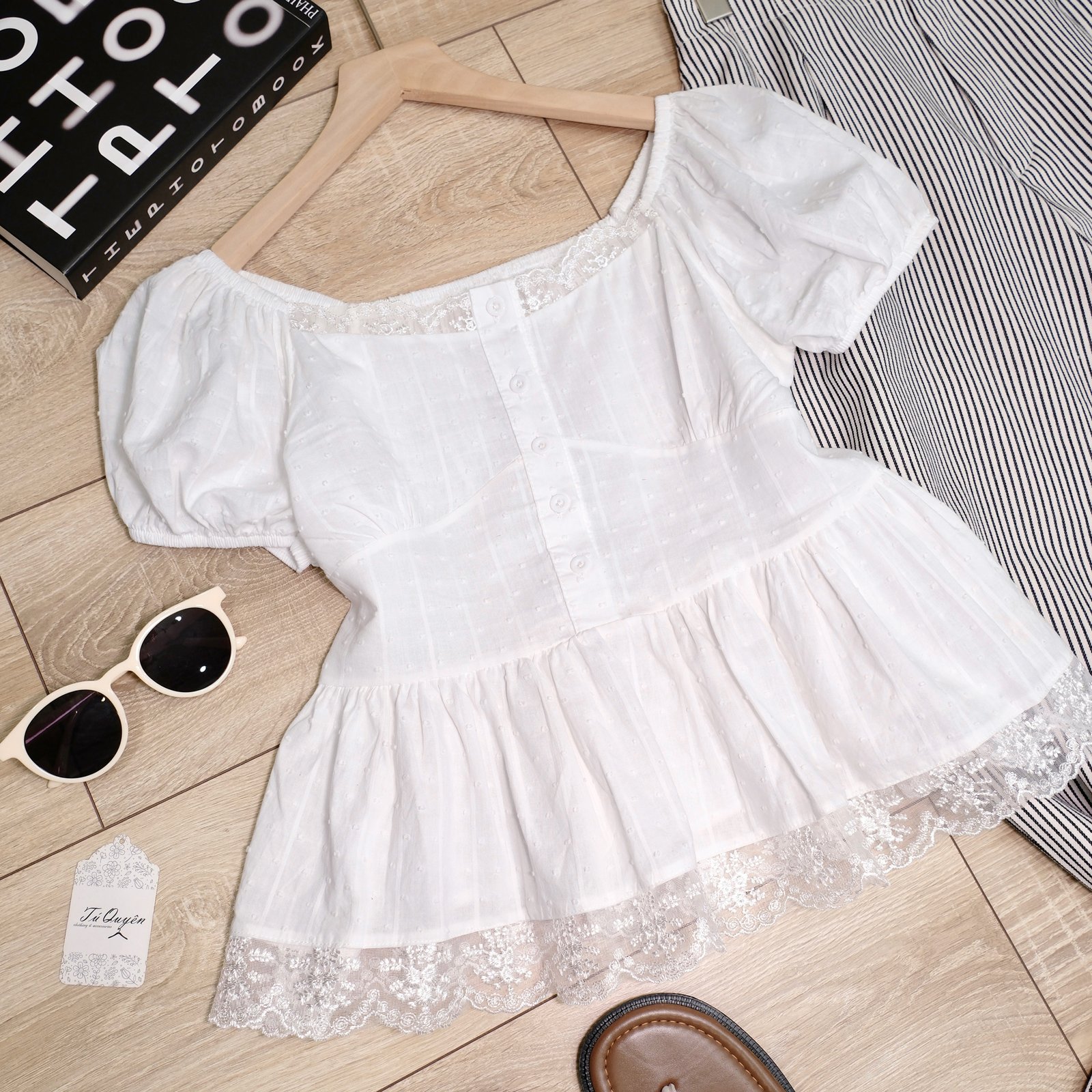 Áo Sơ Mi Kiểu Cổ Vuông Viền Ren Chấm Bi Nổi Tay Phồng Bo Chun - Thô - Ảnh 8