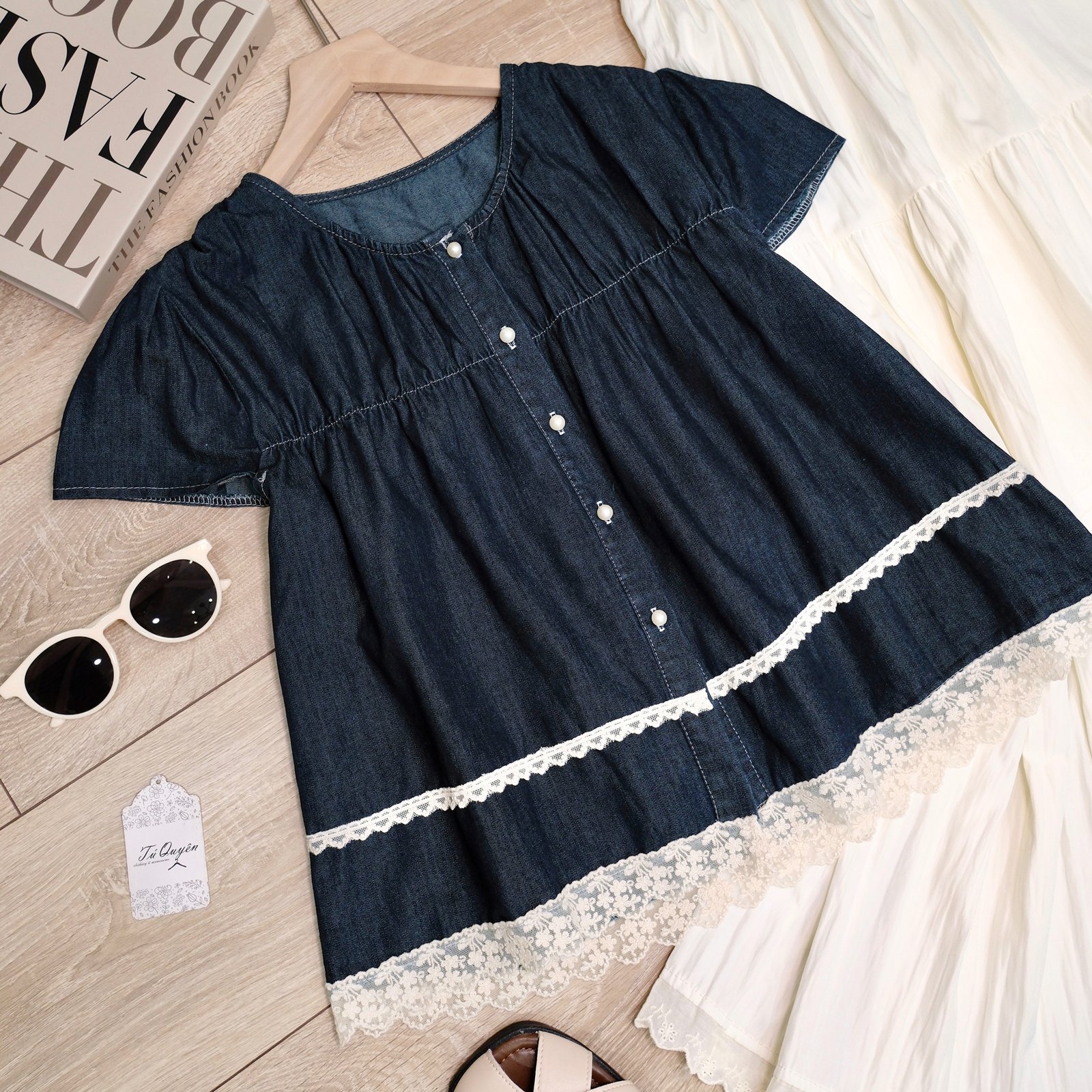 Áo Sơ Mi Jean Cổ Tròn Viền Ren Tay Ngắn Thanh Lịch - Ảnh 4