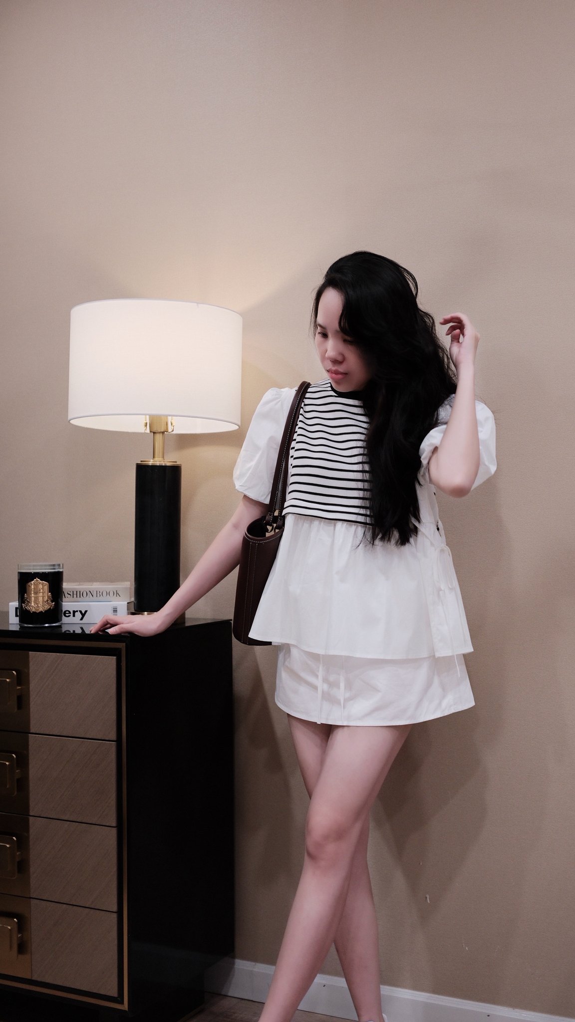 Áo kiểu cổ tròn kẻ sọc tay ngắn phồng bo chun buộc eo - Ảnh 2