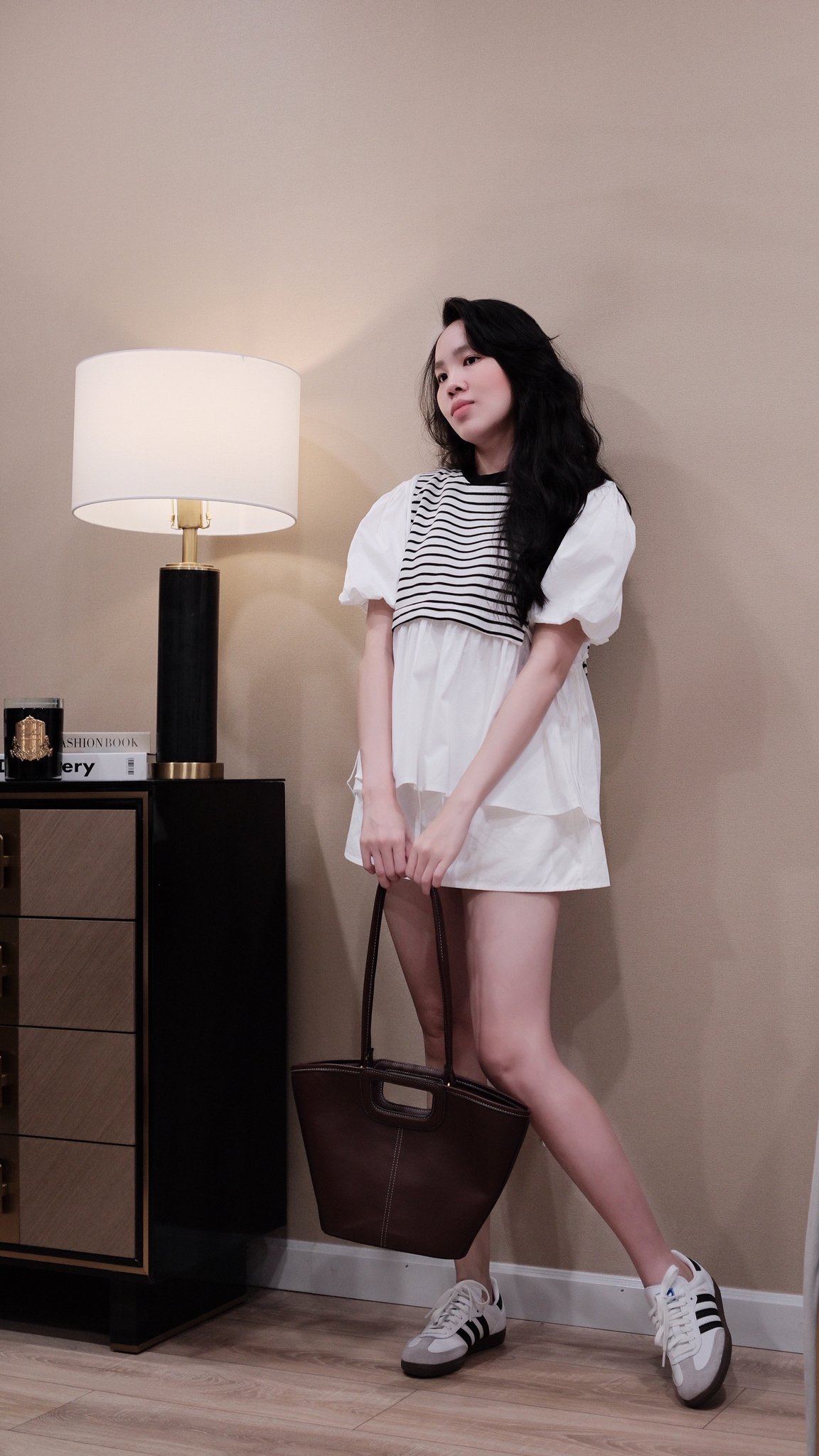 Áo kiểu cổ tròn kẻ sọc tay ngắn phồng bo chun buộc eo - Ảnh 4