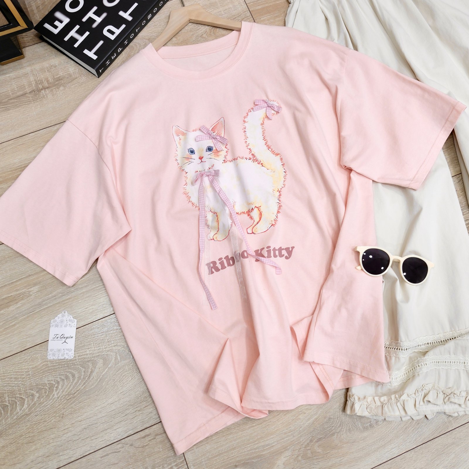 Áo Thun Cổ Tròn In Hình Mèo Nơ Tay Ngắn Phong Cách Hàn Quốc - Ảnh 4