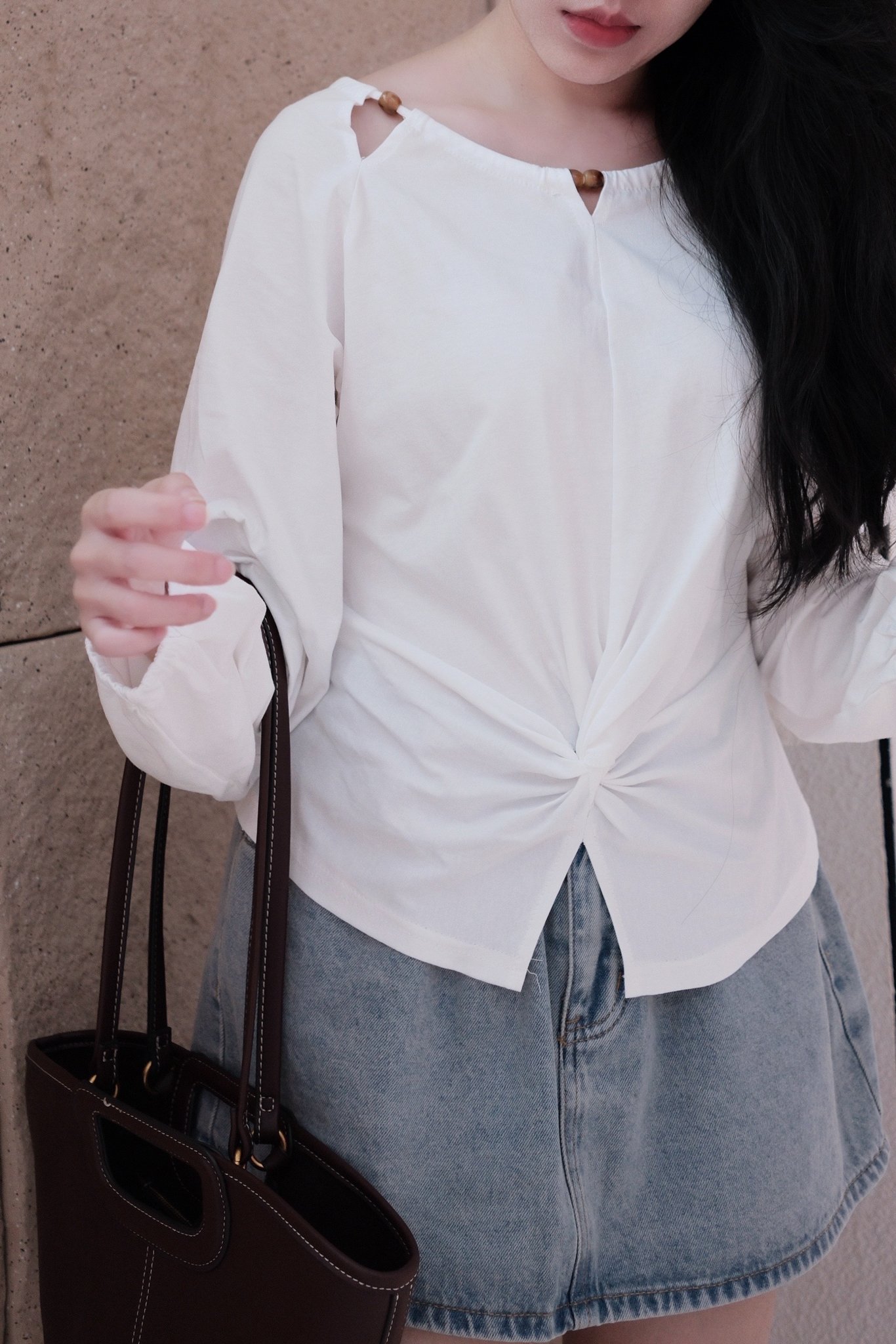 Áo Thun Nữ Cổ Tròn Rút Dây Eo Tay Dài Bo Chun Đi Chơi - Ảnh 2