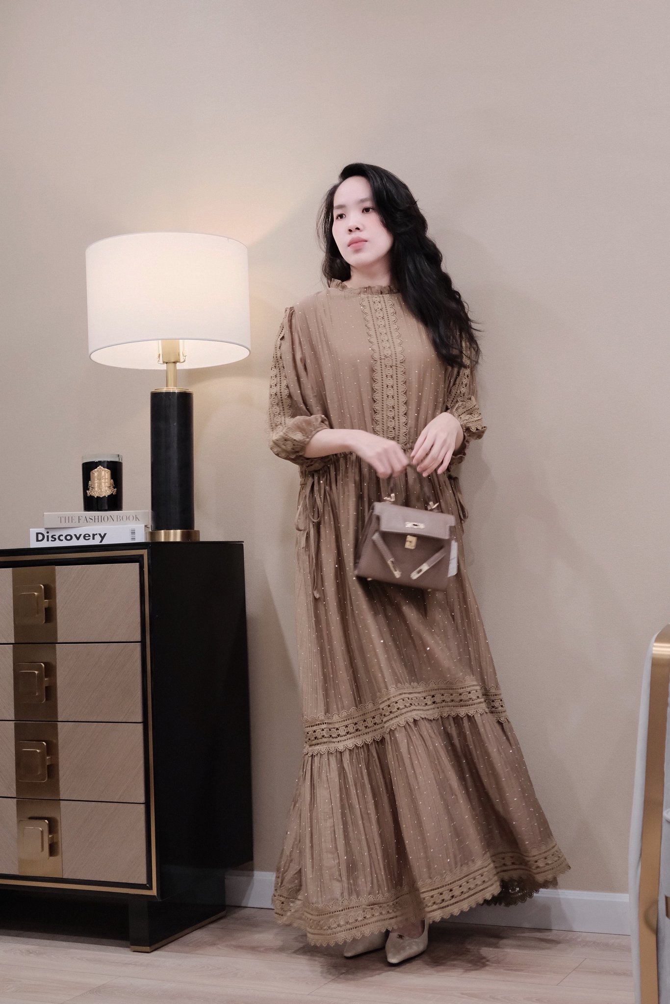 Váy Maxi Cổ Trụ Phối Ren Đính Cườm Dáng Rộng - Thiết Kế Tay Lỡ Bo Chun, Thích Hợp Du Lịch - Ảnh 3