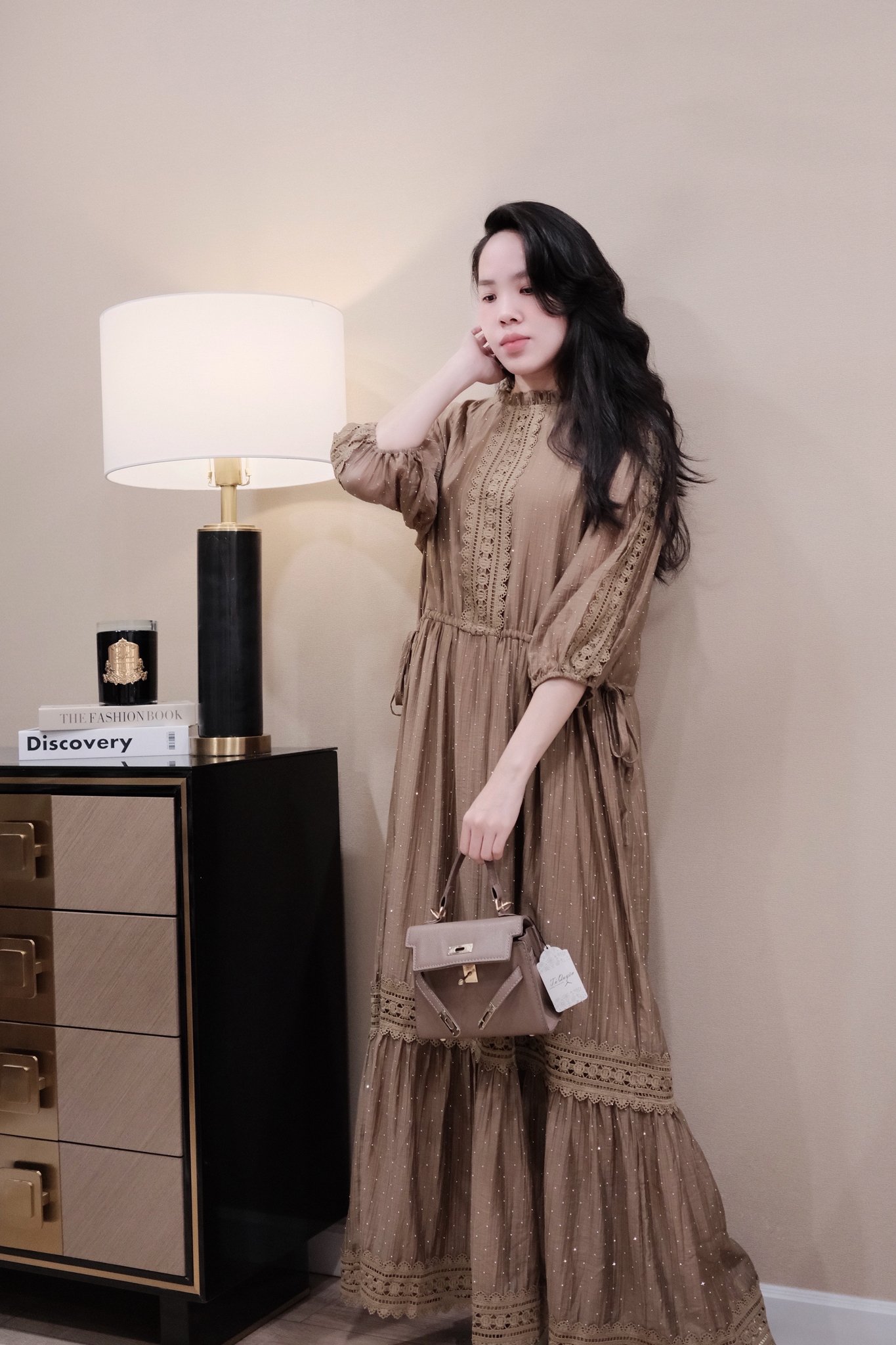 Váy Maxi Cổ Trụ Phối Ren Đính Cườm Dáng Rộng - Thiết Kế Tay Lỡ Bo Chun, Thích Hợp Du Lịch - Ảnh 4