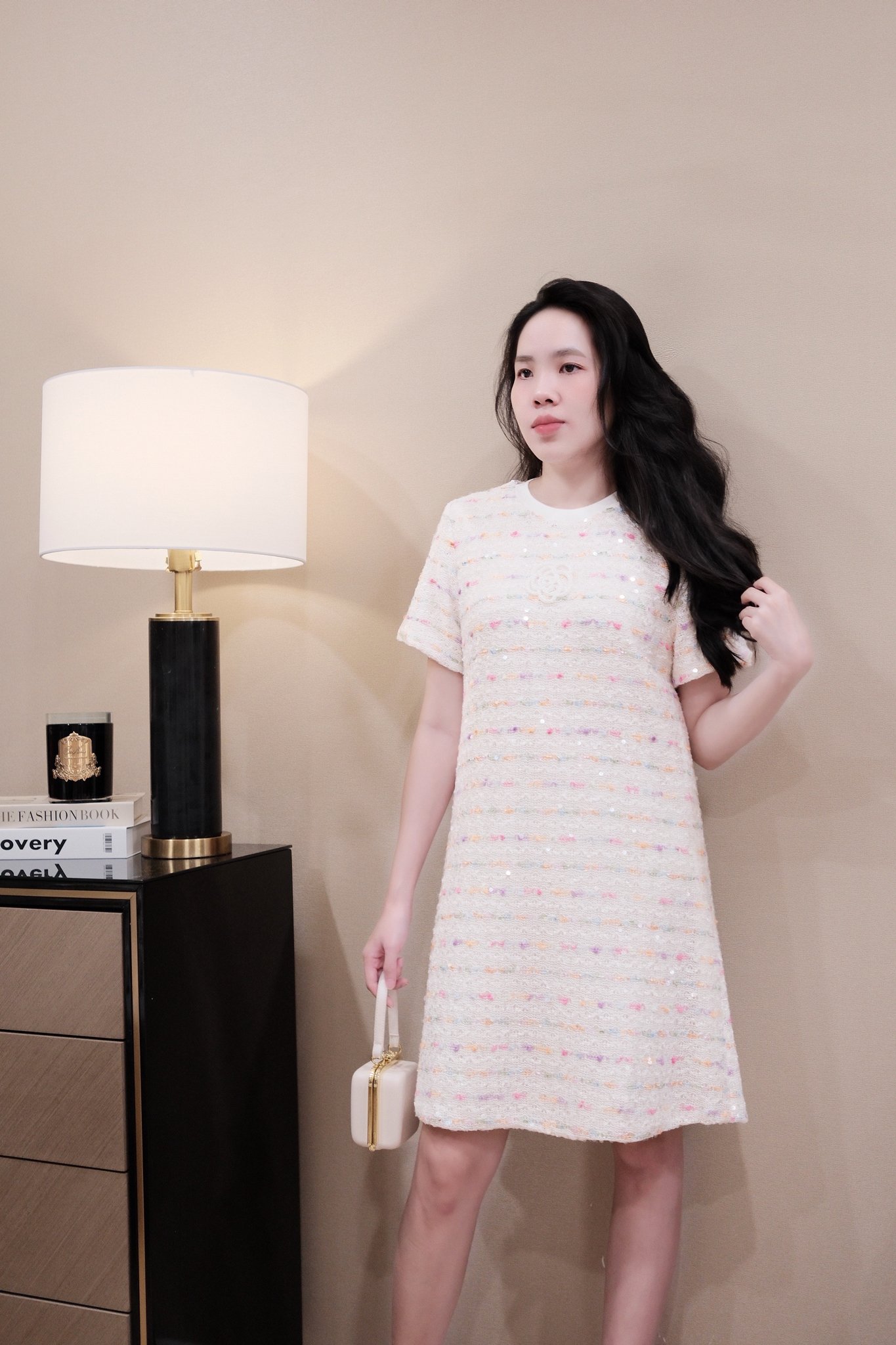 Váy suông len kết cườm cổ tròn tay ngắn có lót - Thiết kế thanh lịch, sang trọng - Ảnh 6