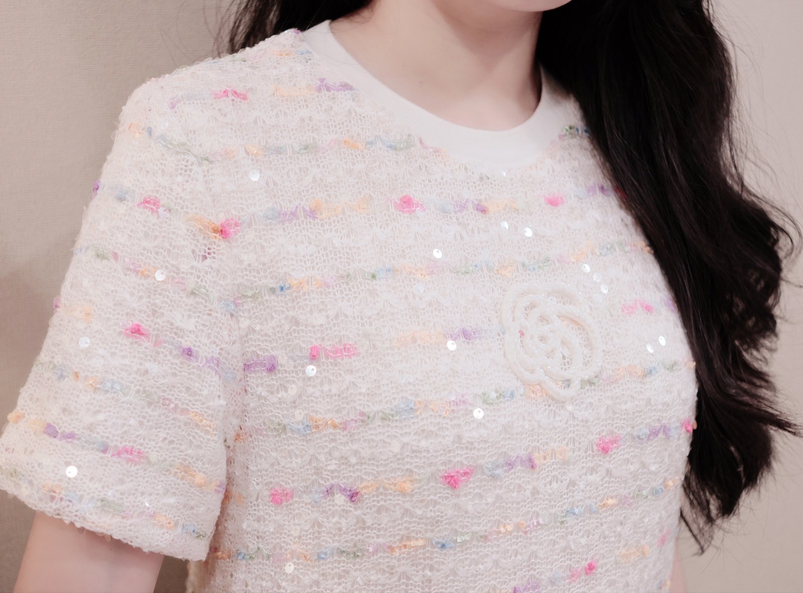 Váy suông len kết cườm cổ tròn tay ngắn có lót - Thiết kế thanh lịch, sang trọng - Ảnh 3