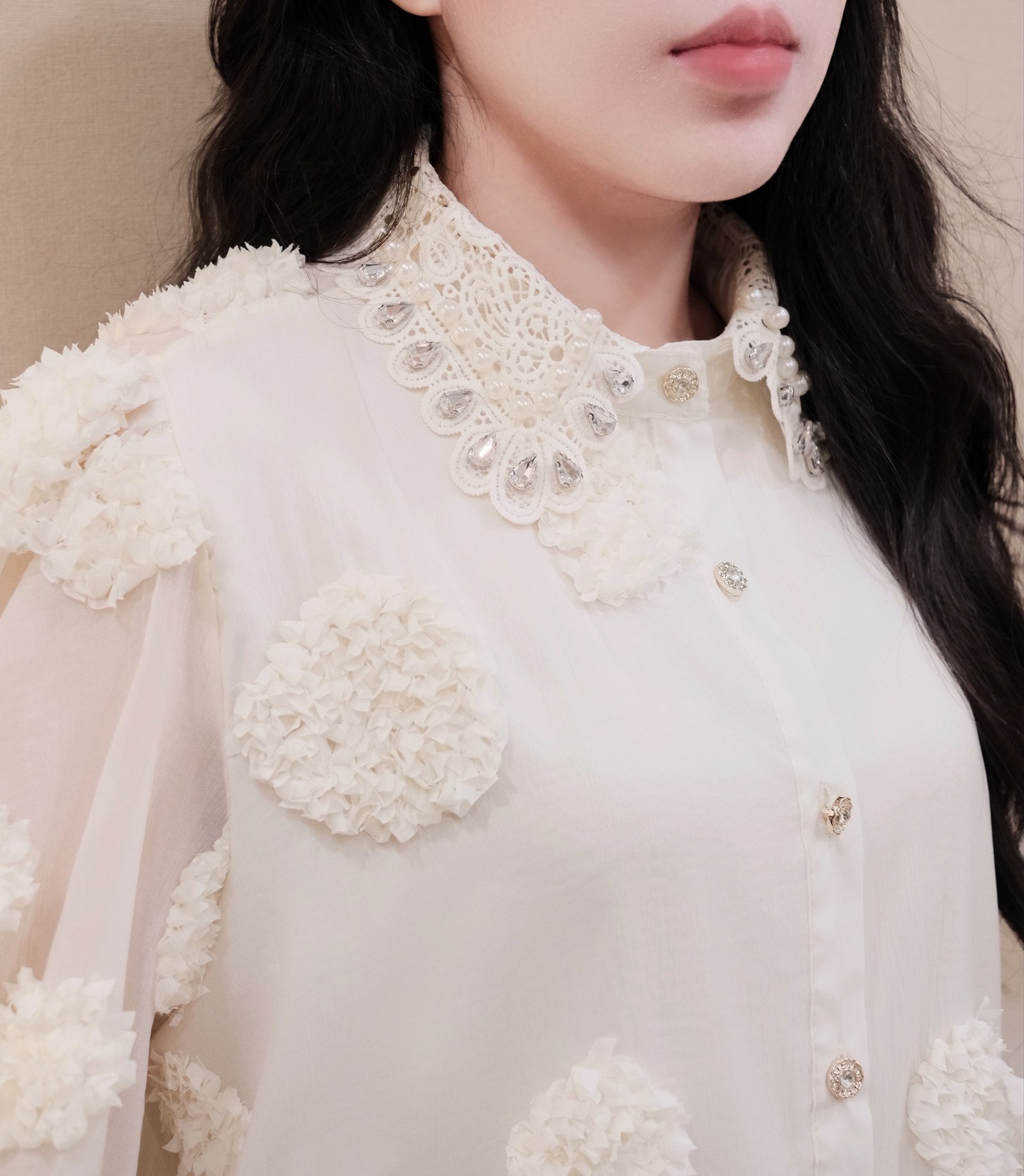 Áo Sơ Mi Voan Hoa Nổi Đính Đá Nữ Cao Cấp - Thiết Kế Thanh Lịch, Sang Trọng Cho Mọi Dịp - Ảnh 3