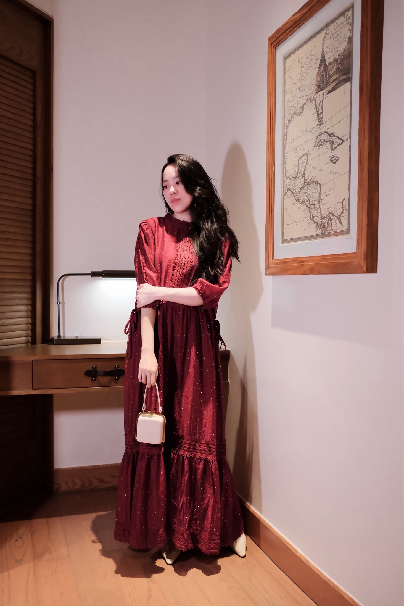 Váy Maxi Cổ Trụ Phối Ren Đính Cườm Dáng Rộng - Thiết Kế Tay Lỡ Bo Chun, Thích Hợp Du Lịch - Ảnh 7