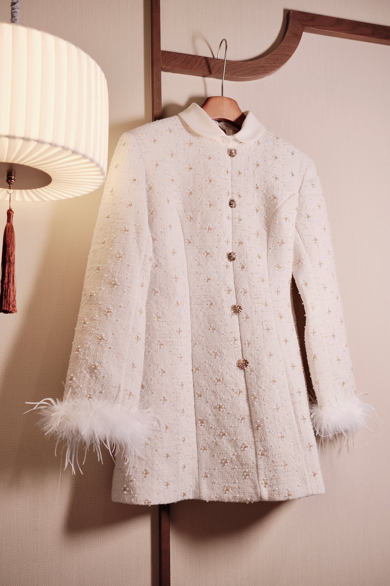 Váy Xòe Thanh Lịch Cổ Sen Đính Nút Trang Trí, Tay Dài Phối Lông Mềm Mại - Đẳng Cấp Dự Tiệc & Dạo Phố - Ảnh 4