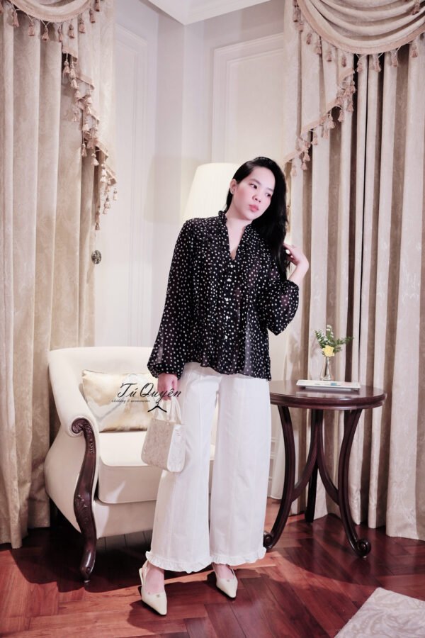Áo Sơ Mi Nữ Voan Chấm Bi Cổ V Bèo Nhún Tay Dài Bo Chun - Thiết Kế Thanh Lịch, Phong Cách Đa Năng",