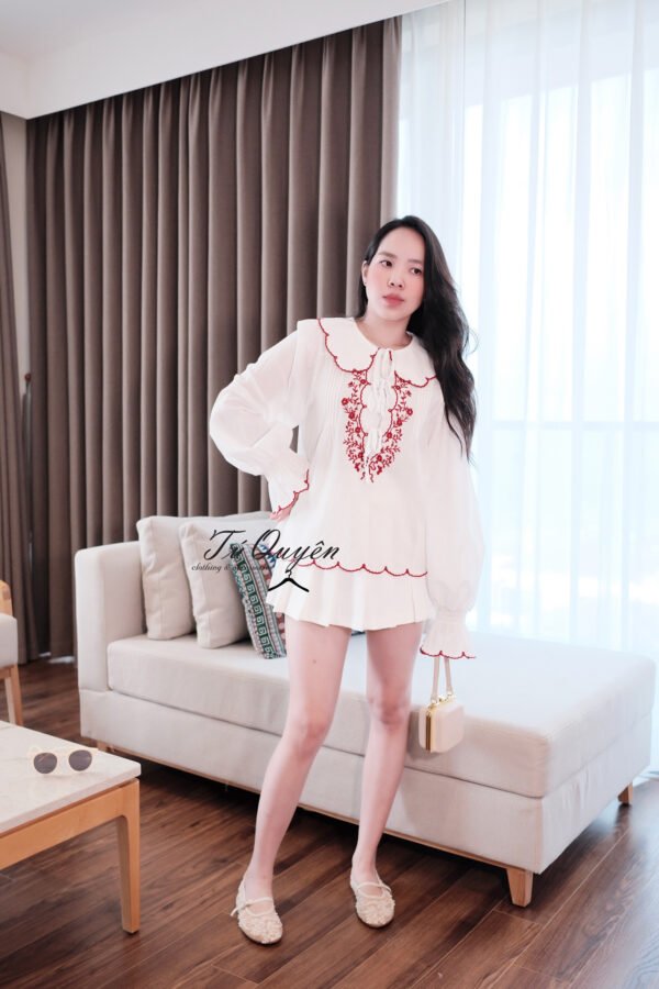 Áo Sơ Mi Nữ Cổ Sen Thêu Hoa Buộc Nơ Tay Dài Thanh Lịch Phong Cách Vintage