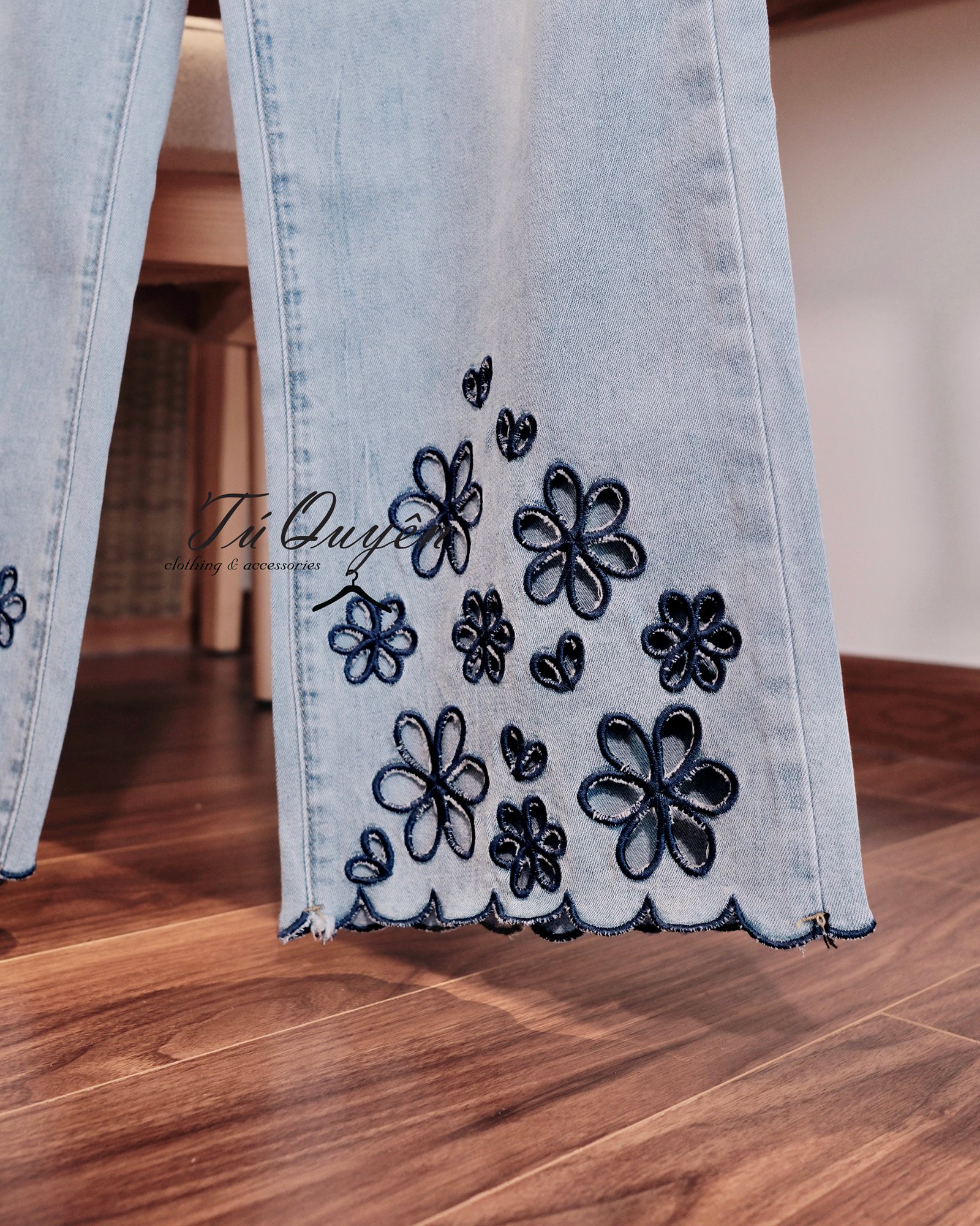 Quần Baggy Jean Nữ Ống Rộng Thêu Hoa Cao Cấp, Gấu Scallop Điệu Đà – Thời Trang Nữ Phong Cách & Thanh Lịch, Cho Nàng Tự Tin - Ảnh 6