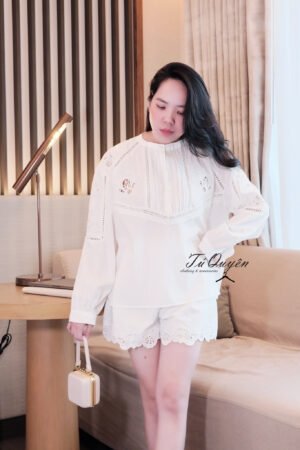 Set Áo Thêu Hoa Tay Dài Kèm Quần Short Thô Nữ Tính | Phong Cách Thanh Lịch Đi Chơi, Du Lịch Thoải Mái",