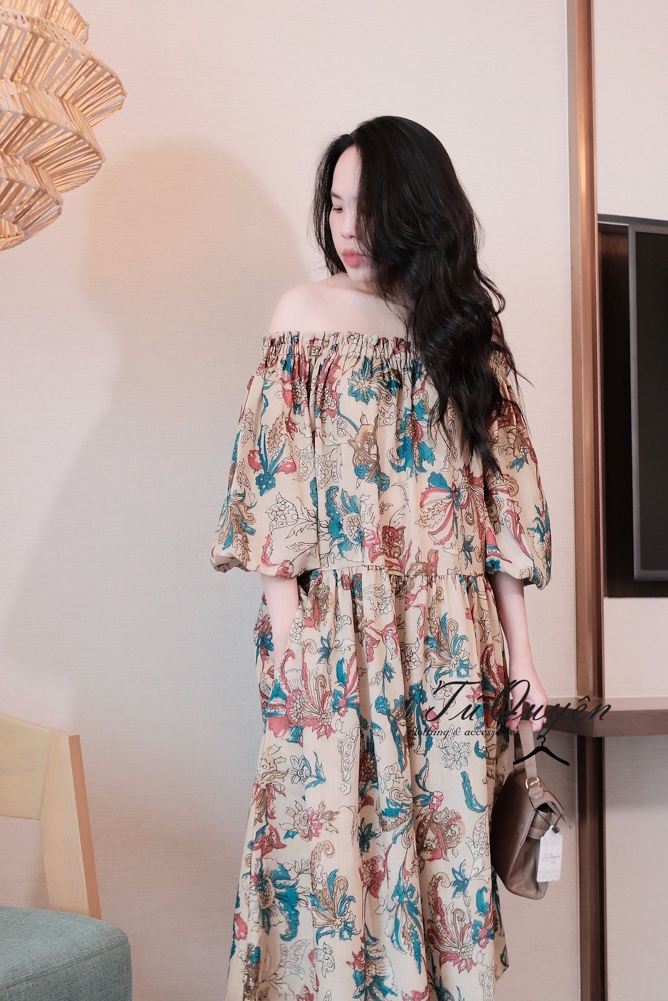 Váy Midi Hoa Trễ Vai Tay Phồng Chiết Eo Dáng A Thanh Lịch - Đầm Nữ Đi Chơi Du Lịch Thời Trang Hè - Ảnh 7